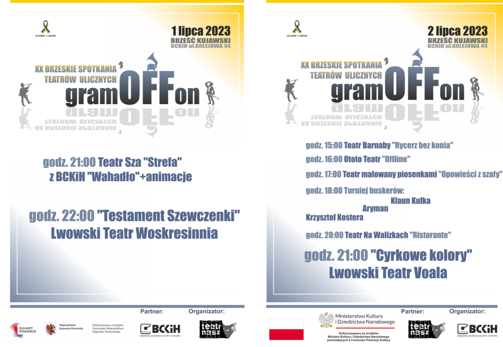 Plakat z harmonogramem wydarzenia pod nazwą GramOFFon 2023 - Brzeskie Spotkania Teatrów Ulicznych